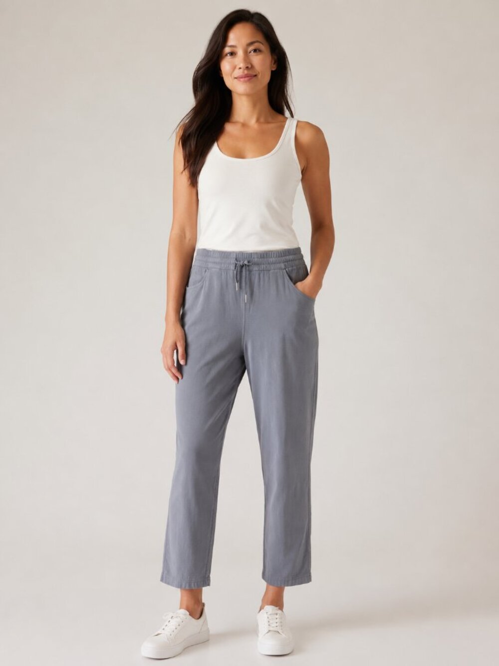 Athleta Farallon Pants XL Tall Gray Cotton Stretch Drawstring Travel Work Pants